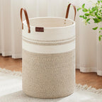 VIPOSCO Tall Laundry Basket, Large Dirty Clothes Hamper with Leather Handle, Woven Rope Storage Basket for Blanket, Toy In Living Room, Bathroom, Bedroom - 100L Brown & White