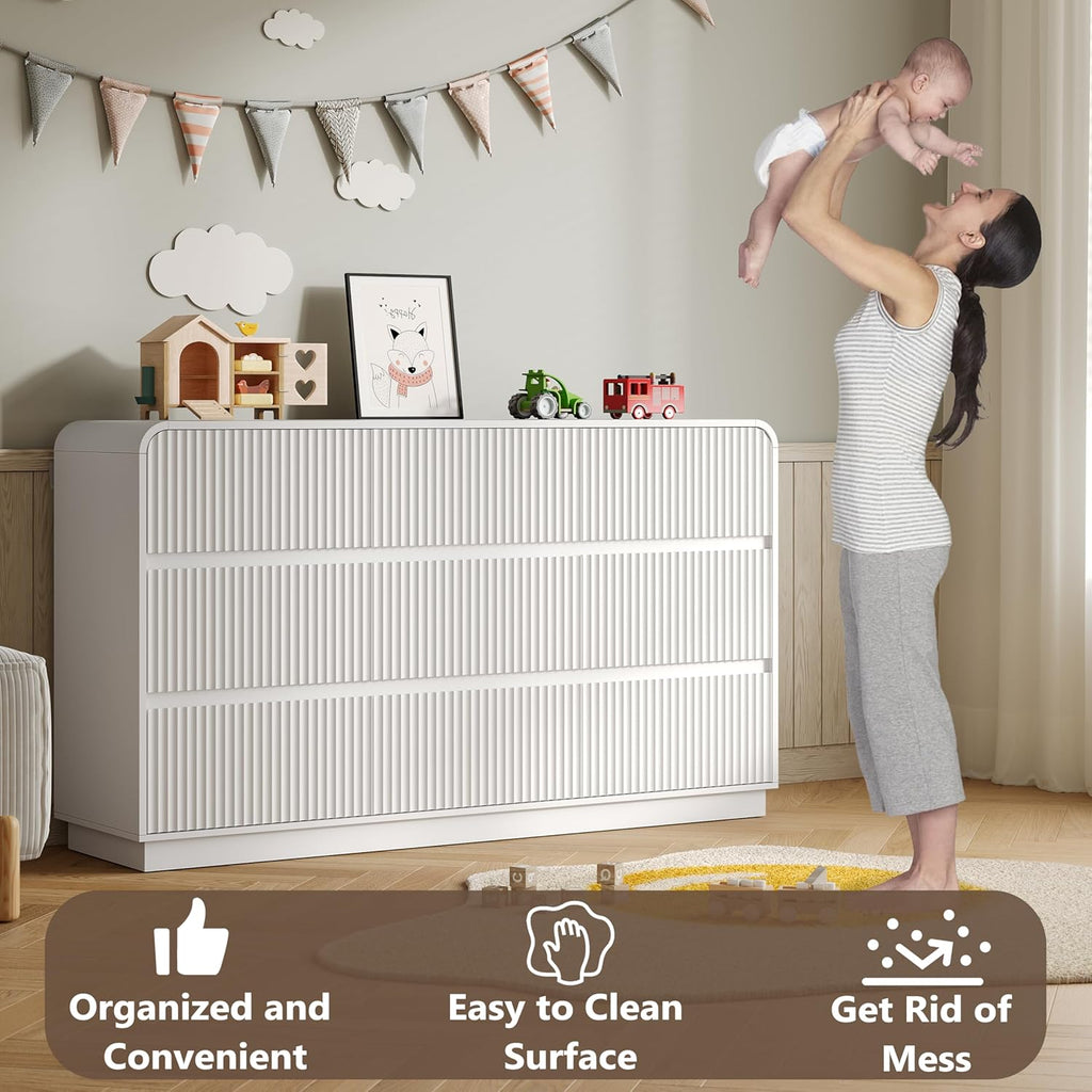 Dresser for Bedroom with 9 Drawers, Fluted Chest of Drawers with Round Curved Corner, Hidden Handles, Modern Wood Storage Organizer for Bedroom, Nursery, Living Room