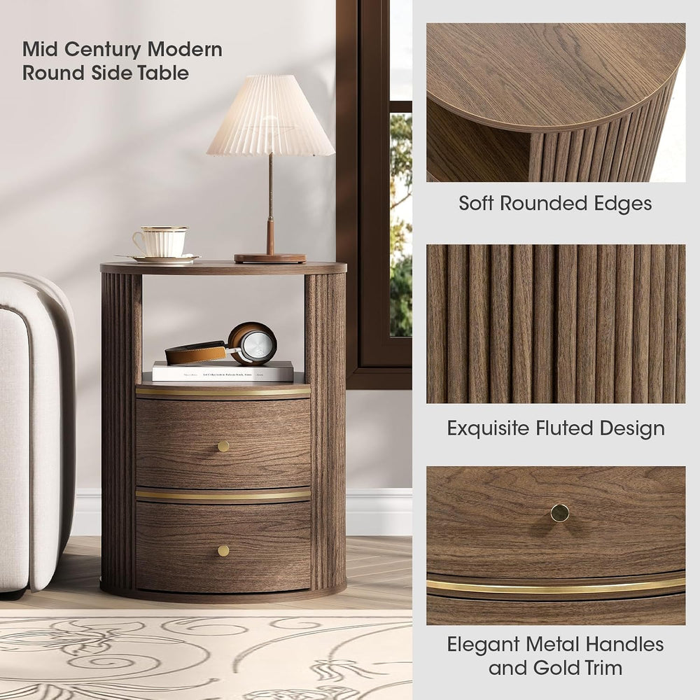 JOINICE Round End Tables Living Room, Fluted End Table with 2 Drawers and Ope...