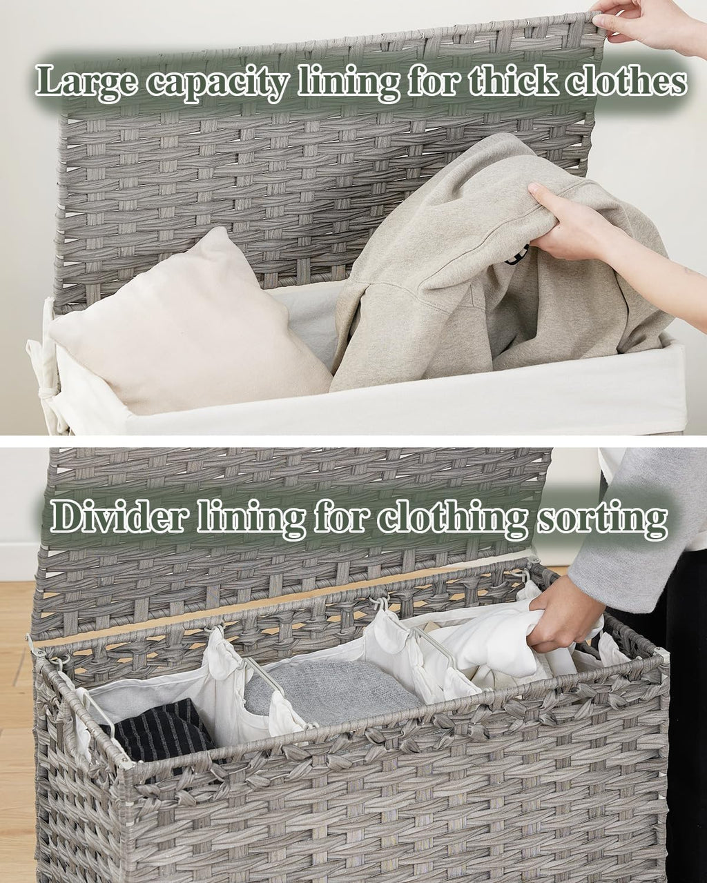 Laundry Hamper with Lid Laundry Basket 132 L (35 Gal) Wicker Clothes Hamper, Handwoven Rattan Hamper with Handles and 4 Removable Liner Bags, 6 Mesh Bags for Laundry Bedroom Gray