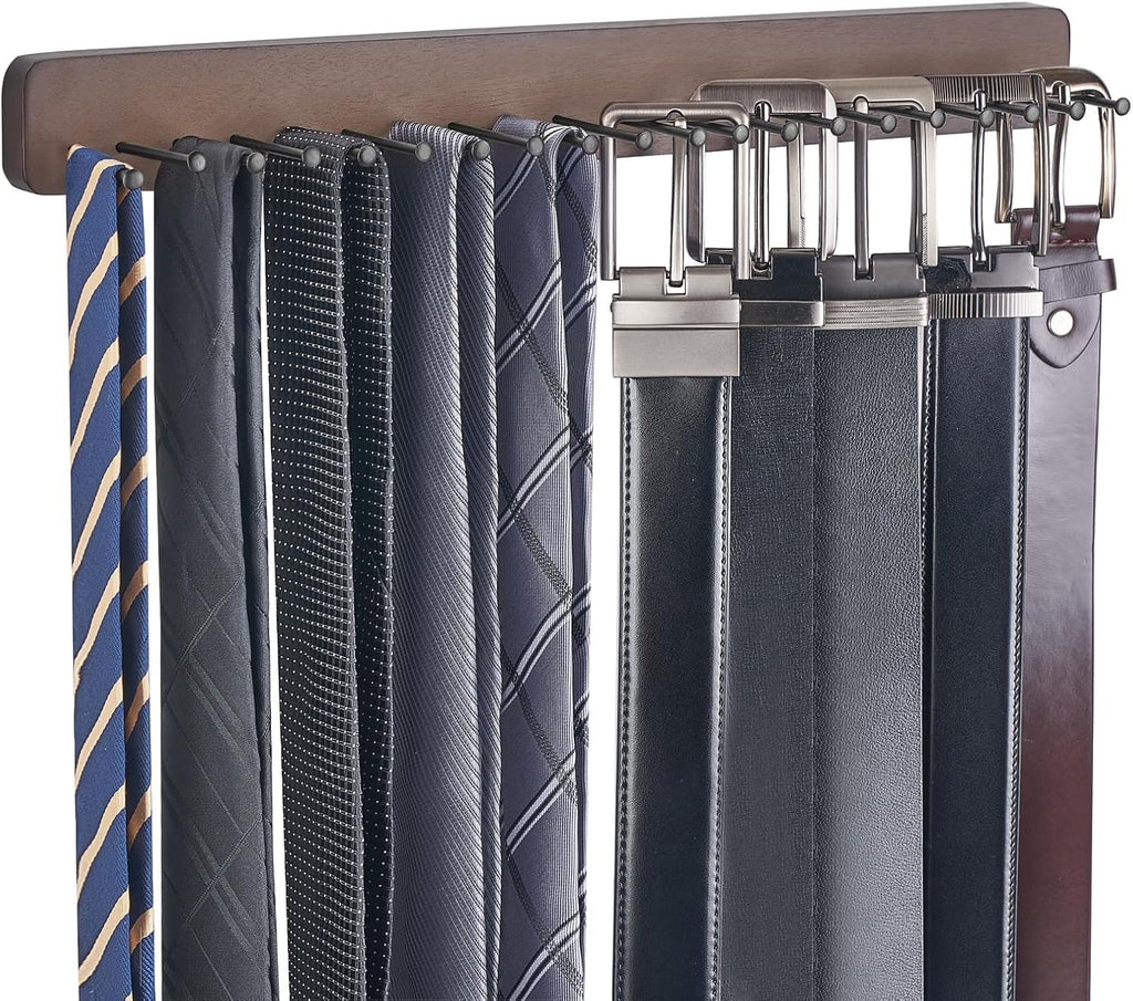 Mkono Tie Rack Wall Mounted Belt Hanger Holder Rustic Wood Tie Organizer for Men Closet Max up 20 Storage for Ties Belts Scarf