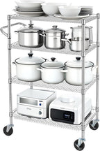 Finnhomy 4 Tier Heavy Duty Commercial Grade Rolling Cart with Handle Bar, Metal Wire Utility Cart with Wheels, Service Trolley on Wheels, Shelf Size 18" D x 30" W, NSF Listed, Chrome