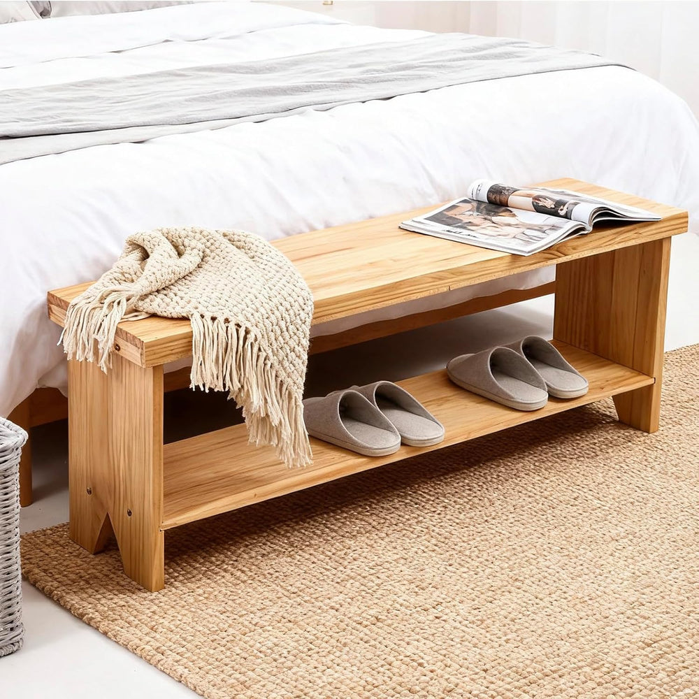 43" Solid Wood Farmhouse Bench, Entryway Bench with Storage Shelf, Narro...