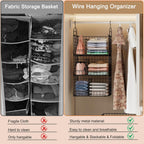 Sonyabecca 3-Tier Extra Large Closet Hanging Organizer with Dividers, Clothes Hanging Shelves with 2 Hanging Hooks & 5 S-Hooks, Wire Storage Baskets for Sweaters, Shoes, Handbags & Accessories