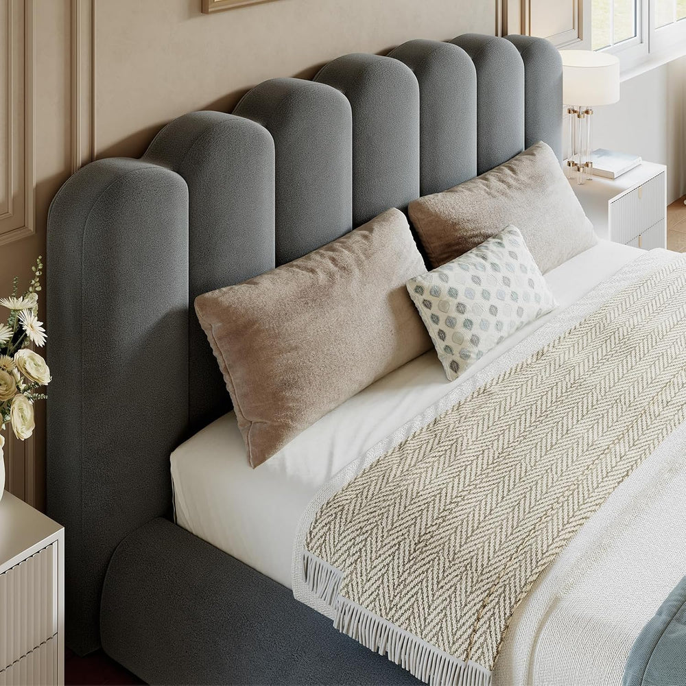 King Size Cloud Bed Frame with Headboard, Upholstered Platform Bed with Velve...
