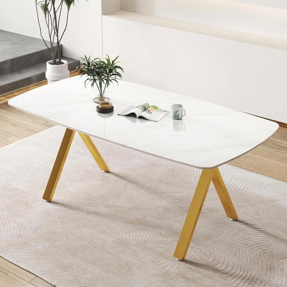 Meihua 51.2'' Dining Table with White Marble Pattern Tempered Glass T...