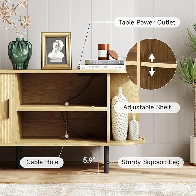 ONBRILL 63" TV Stand with Power Outlet for TVs up to 70 Inch, Entertainment Center with Storage and Adjustable Shelves, Modern Media Console with Sliding Doors for Living Room, Oak