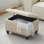 Zihanhome Leather Ottoman with Storage, Upholstered Button Tufted Ottoman Foot Rest, Foot Stools, 24" Rectangle Ottomans with Storage for Living Room, Bedroom, Dorms and Apartments (Beige-PU)