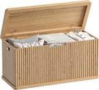 Akxomel 37.4" Fluted Storage Chest Wooden Storage Trunk 2 Safety Hinges Oak | Storage Chest with 2 Safety Hinges & Lift Top, Wooden Box Bench with Curved Profile, for Living Room, Entryway, Bedroom