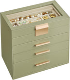 SONGMICS Jewelry Box Organizer with Glass Lid, 4-Layer Jewelry Storage, with 3 Drawers, Modern Style, Christmas Gift, 6 x 9.9 x 8.5 Inches, Laurel Green UJBC161C02