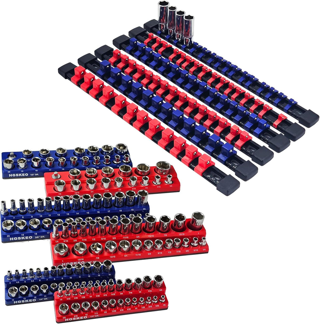 Magnetic Socket Organizer Set & Socket Clip Rail Holder, Totally 12Pcs Socket Tray Set for 1/4", 3/8", and 1/2" Sizes Drive, Premium Qualit Socket Organizer(Red & Blue, 12Pcs)