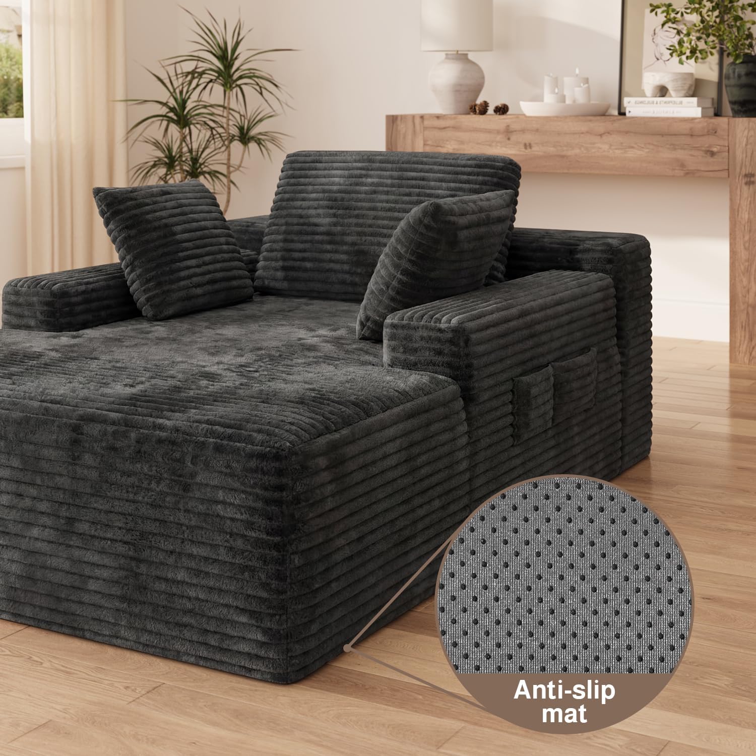 67" Boneless Chair, Chaise Lounge Chair Indoor with 3 Pillows, Gray | No-Assembly Corduroy Chaise Lounge;Oversized boneless chaise lounge with Side Pockets;Pet-Friendly Fuzzy Reading Chair