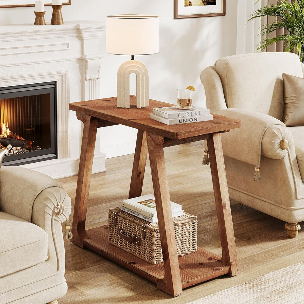 Solid Wood End Table for Living Room, 2-Tier Narrow Rustic Side Table, Rectan...