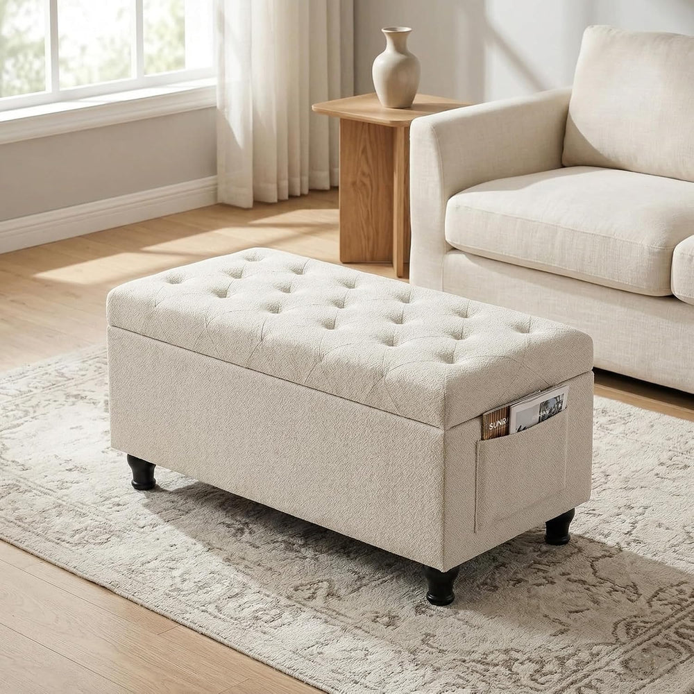 32'' Beige Fabric Upholstered Ottoman Storage Bench | Upholstered Ott...
