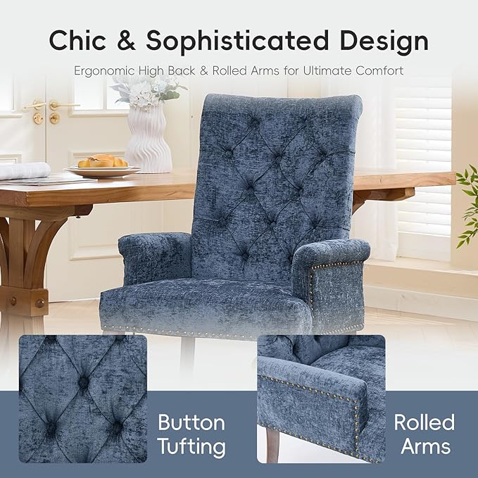 Upholstered Tufted Chenille Dining Chairs with Arms & Nailhead Trim – Sol...