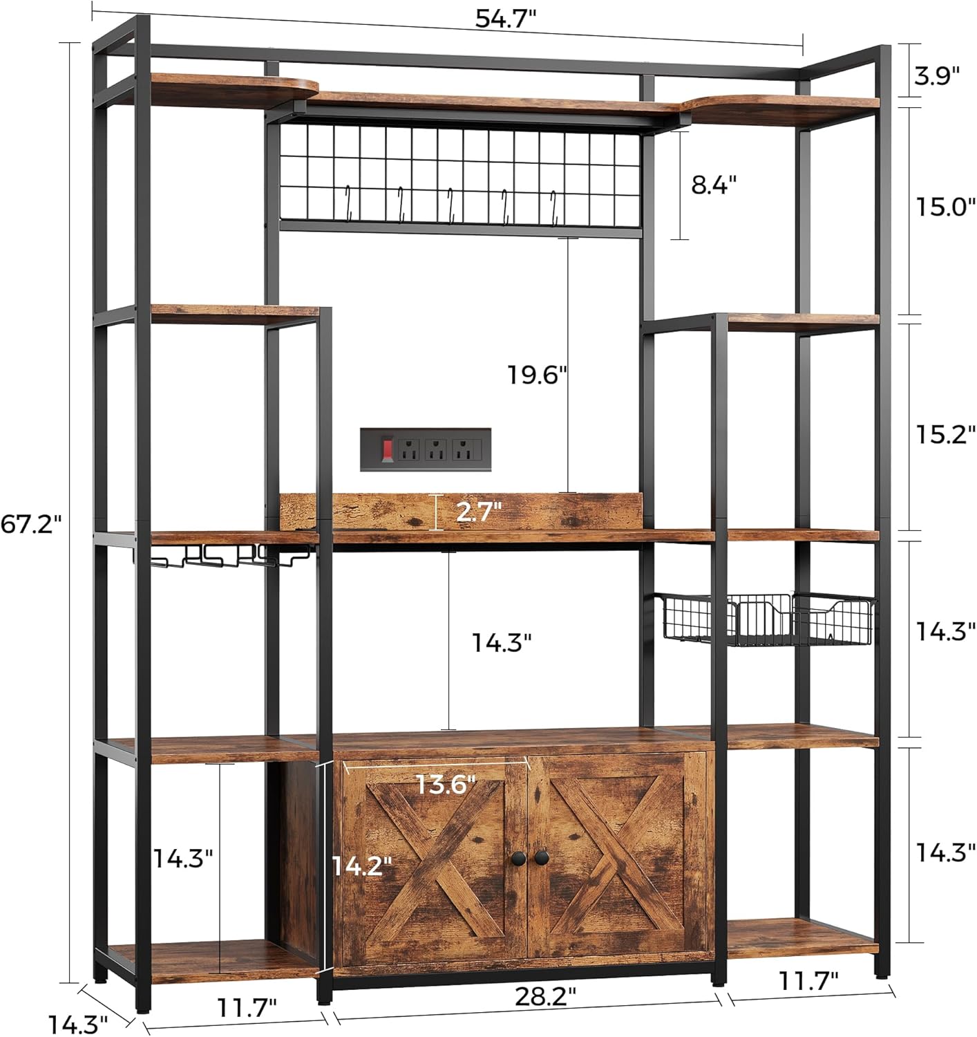 IRONCK Bakers Rack with Power Outlet, Coffee Bar Cabinet, Vintage Brown | Built-In Power Outlet. 55-inch countertop fits microwaves. Wine glass holder, 5 hooks, 2 cabinets. P2 MDF. Anti-tip.