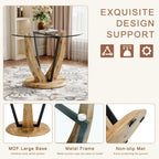 JUFU 42 Inch Round Glass Dining Table for 4, Modern Kitchen Table with Wood Pedestal Base, Small Dining Room Table for Apartment, Breakfast Nook, Living Room, Table Only