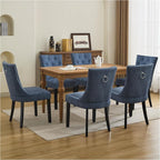 Upholstered Tufted Dining Chairs Set of 6, Fabric Side Dining Room Chairs with Nailhead Back Ring Pull Trim Solid Wood Legs, Dark Blue