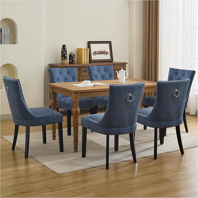 Upholstered Tufted Dining Chairs Set of 2, Fabric Side Dining Room Chairs with Nailhead Back Ring Pull Trim Solid Wood Legs, Dark Blue