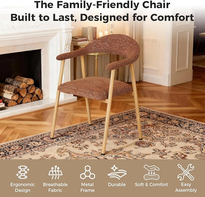 DUMOS Dining Chairs Set of 2, Modern Linen Fabric Upholstered Kitchen Side Chairs with Curved Backrest, Accent Farmhouse Metal Chairs for Kitchen Dining Room Restaurant Cafe, Orange