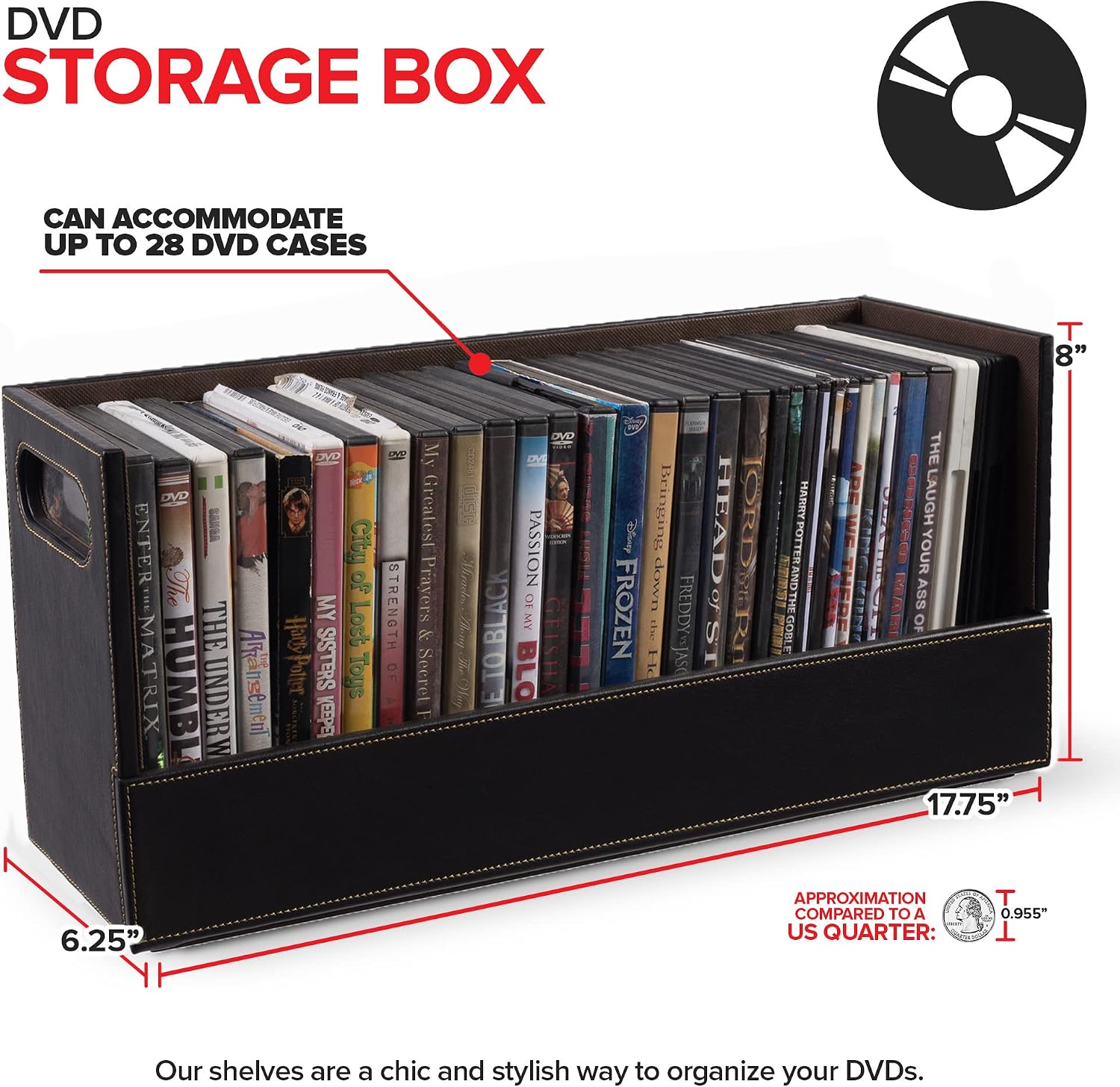 Stock Your Home DVD Storage Box, Movie Shelf Organizer for Blu-Ray, Video Game Cases, CDs, VHS Tape Display Stand, Disc Holder Can Store Up to 28 DVDs, Faux Leather (Espresso) 2 Pack