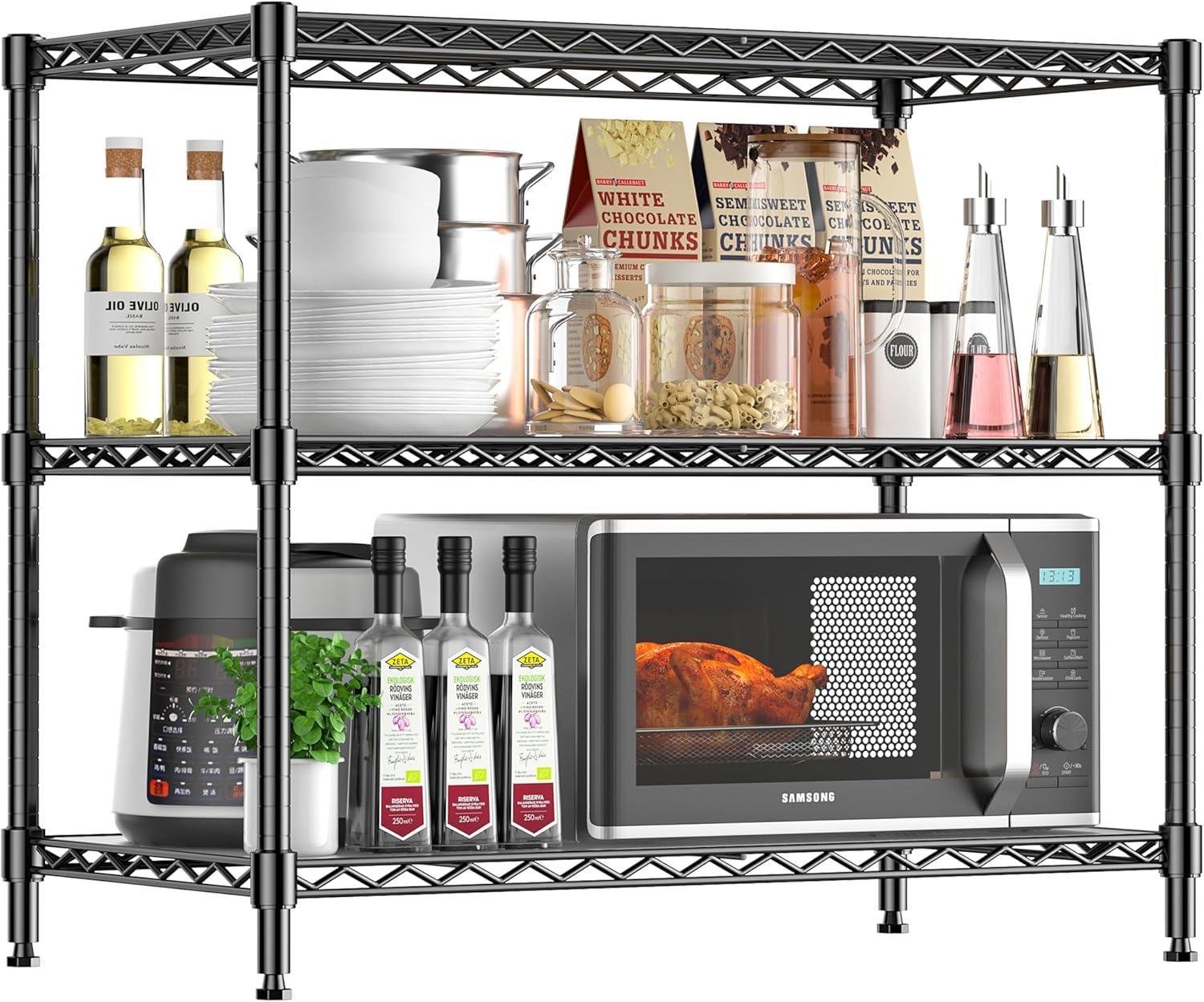 3-Shelf Adjustable Storage Shelves Metal Shelving Unit Heavy Duty Wire Rack Small Organizer with 3 Shelf Liners for Kitchen Pantry Bathroom Laundry Closet Garage 24" W x 14" D x 30" H Black