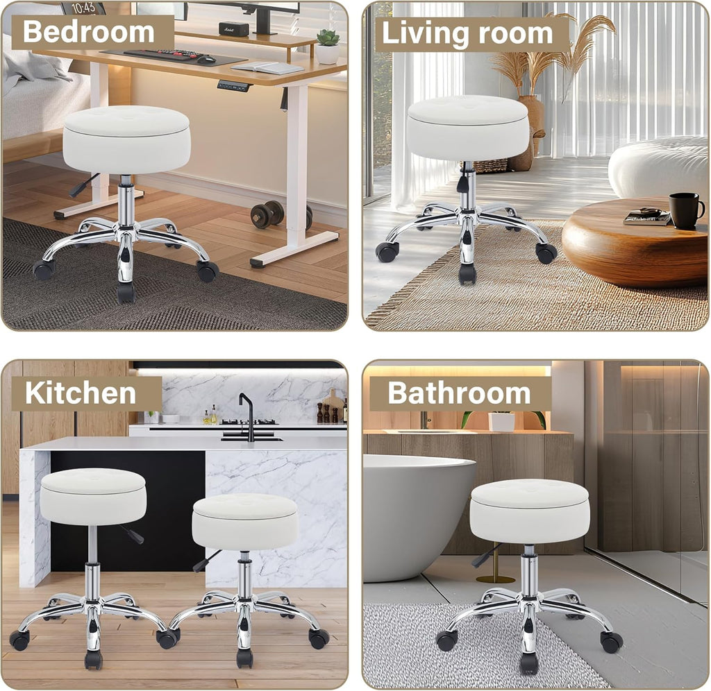Gitrah Vanity Chair with Wheels Adjustable Vanity Stool with Storage Swivel Vanity Stool for Vanity Rolling Makeup Stool Chair Faux Fur Off White