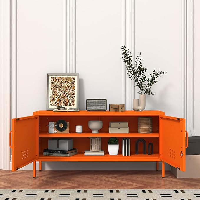 Orange Lockable Metal TV Stand Entertainment Center, Heavy Duty Storage Cabinet Supports 80+ Inch TVs, Multifunctional Media Console for Home Living Room Office 22" H X 35.4" W X 13.8" D
