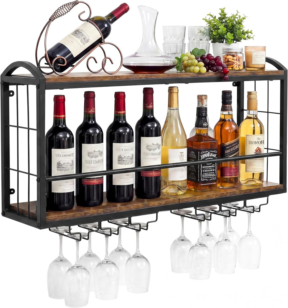 Wall Mounted Wine Rack, Floating Bar Shelf with 2 Tier Wood Shelves and Wine ...