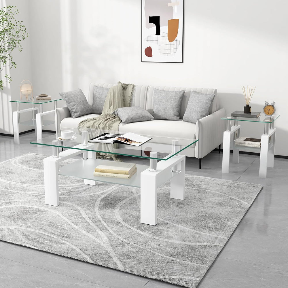 Glass Coffee Table Set of 3, 3-piece Living Room Tables with Tempered Glass a...