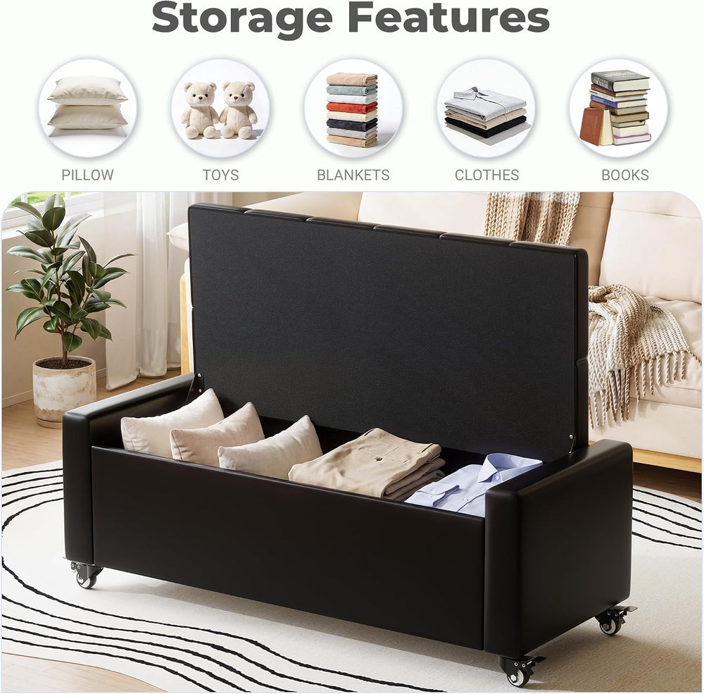 50” Ottoman Bench with Storage, Upholstered Faux Leather End of Bench for Bed...