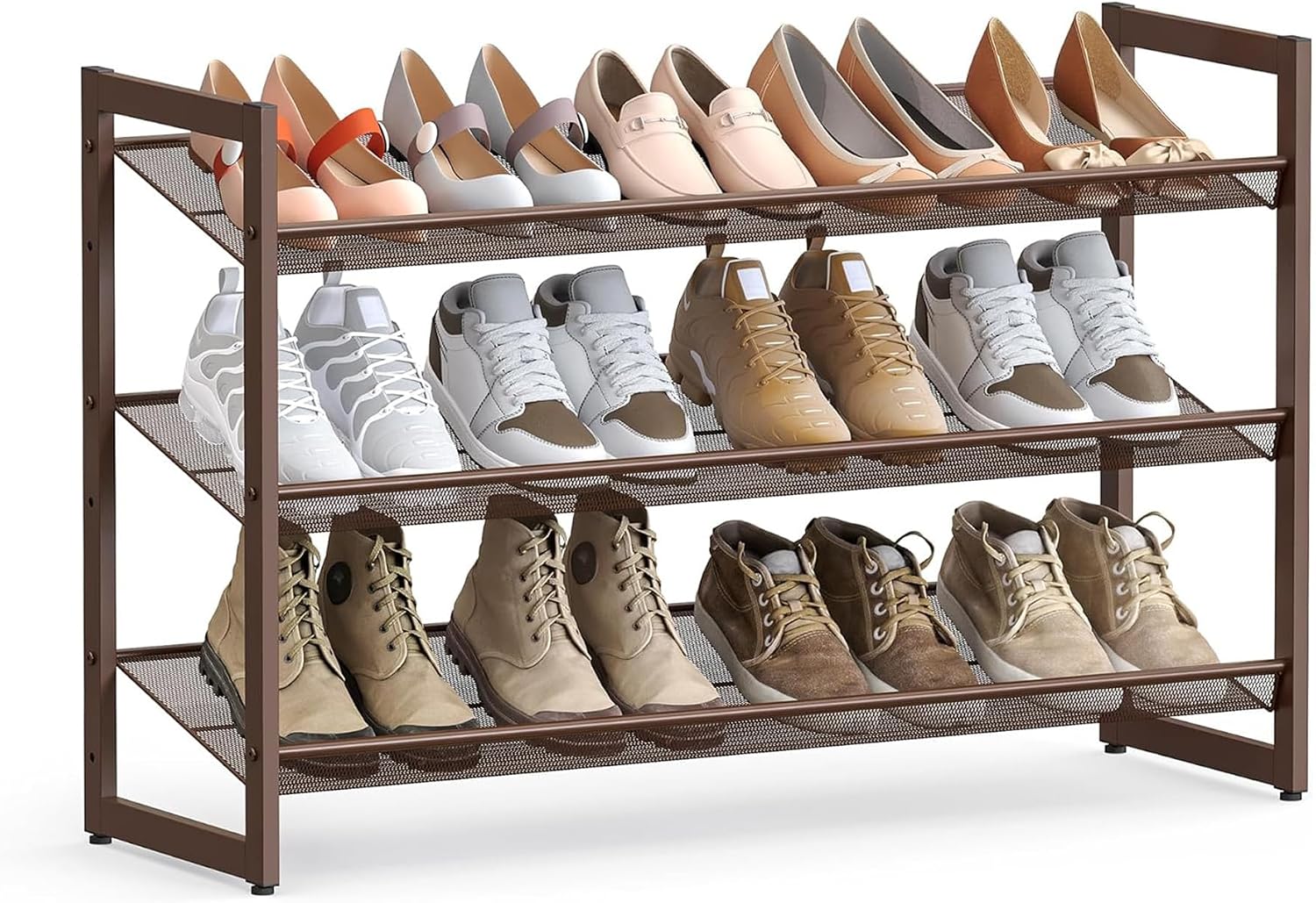 SONGMICS HOME 3-Tier Stackable Shoe Rack, Metal Shoe Organizer for Closet, Entryway, Garage, Flat or Slanted Mesh Shelves, Brown