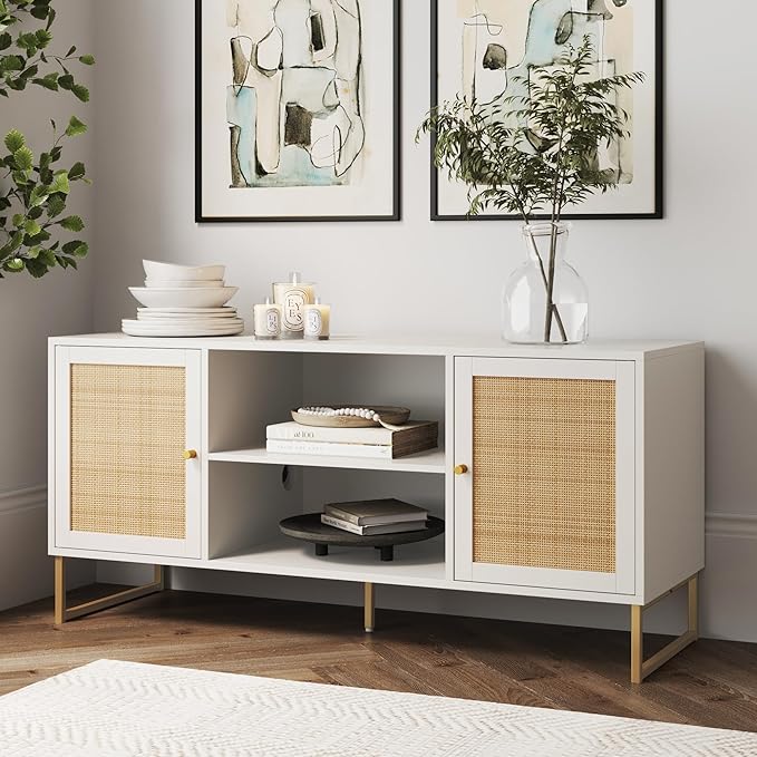 Nathan James Mina Modern TV Stand, Entertainment Cabinet, Media Console with a Natural Rattan Storage Doors, White Finish and Gold Brass Accents for Living Room or Media Room, White/Gold