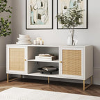 Nathan James Mina Modern TV Stand, Entertainment Cabinet, Media Console with a Natural Rattan Storage Doors, White Finish and Gold Brass Accents for Living Room or Media Room, White/Gold