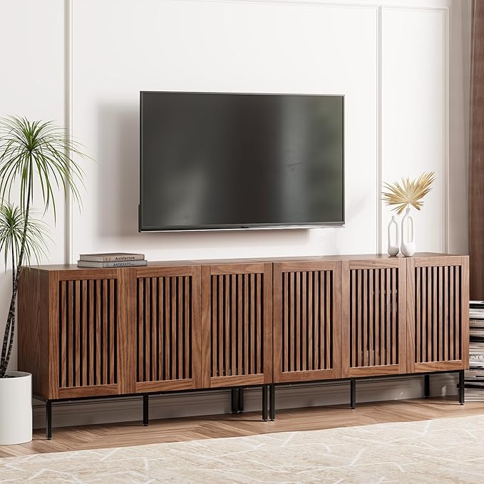 Farmhouse TV Stand for TVs up to 100 inch, 2 in 1 Entertainment Center TV Console with Storage Cabinets and Metal Base,Brown Media Console for Living Room