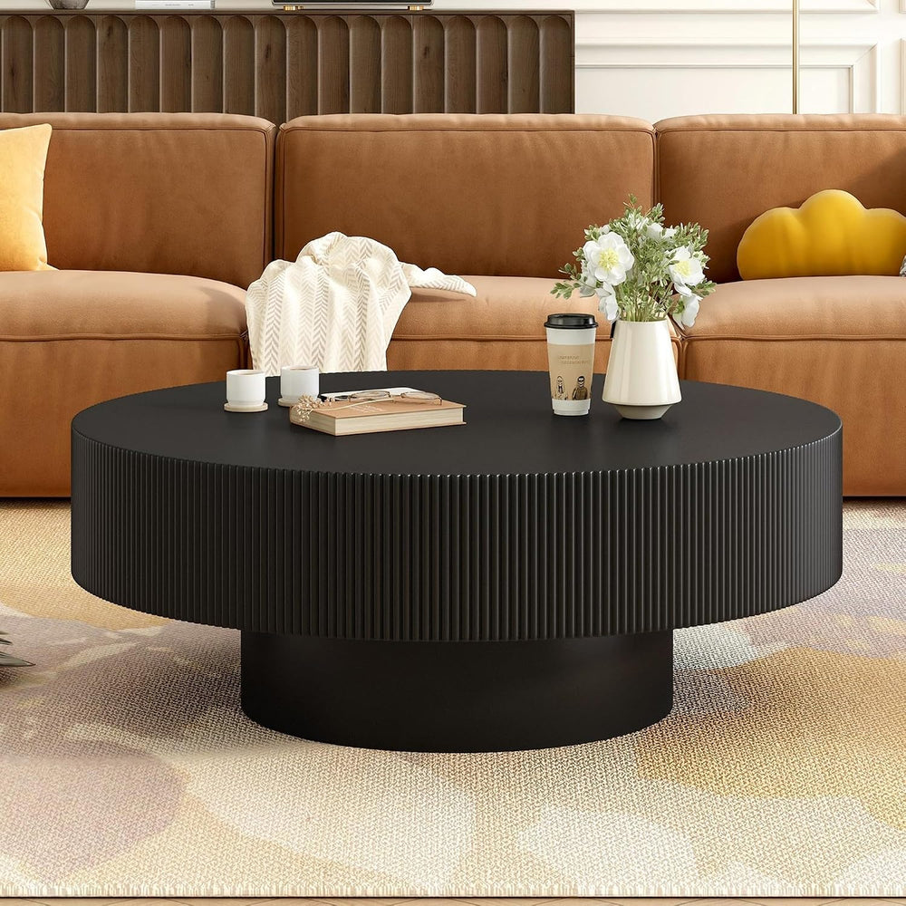 31.5“ Round Fluted Coffee Table, Modern Wood Circle Center Table, Accent Tea ...