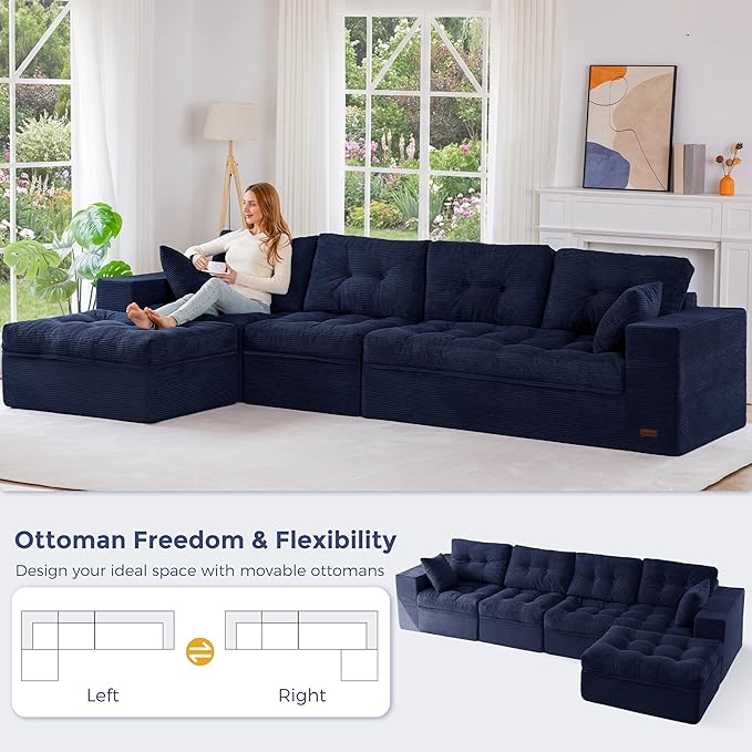 MAXYOYO 132" L Shaped Modular Sectional Sofa with Ottoman, Cloud Boneless Couch with Layered Cushion, Upholstered Sofa in a Box, Flexible Module Combination for Living Room, No Assembly, Navy