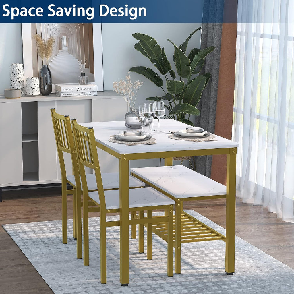 Teraves Dining Table Set for 4, Kitchen Table and 2 Chairs with Bench | 4 Piece Dining Table Set for Small Space, Apartment, Space-saving Dining Room Set with Storage