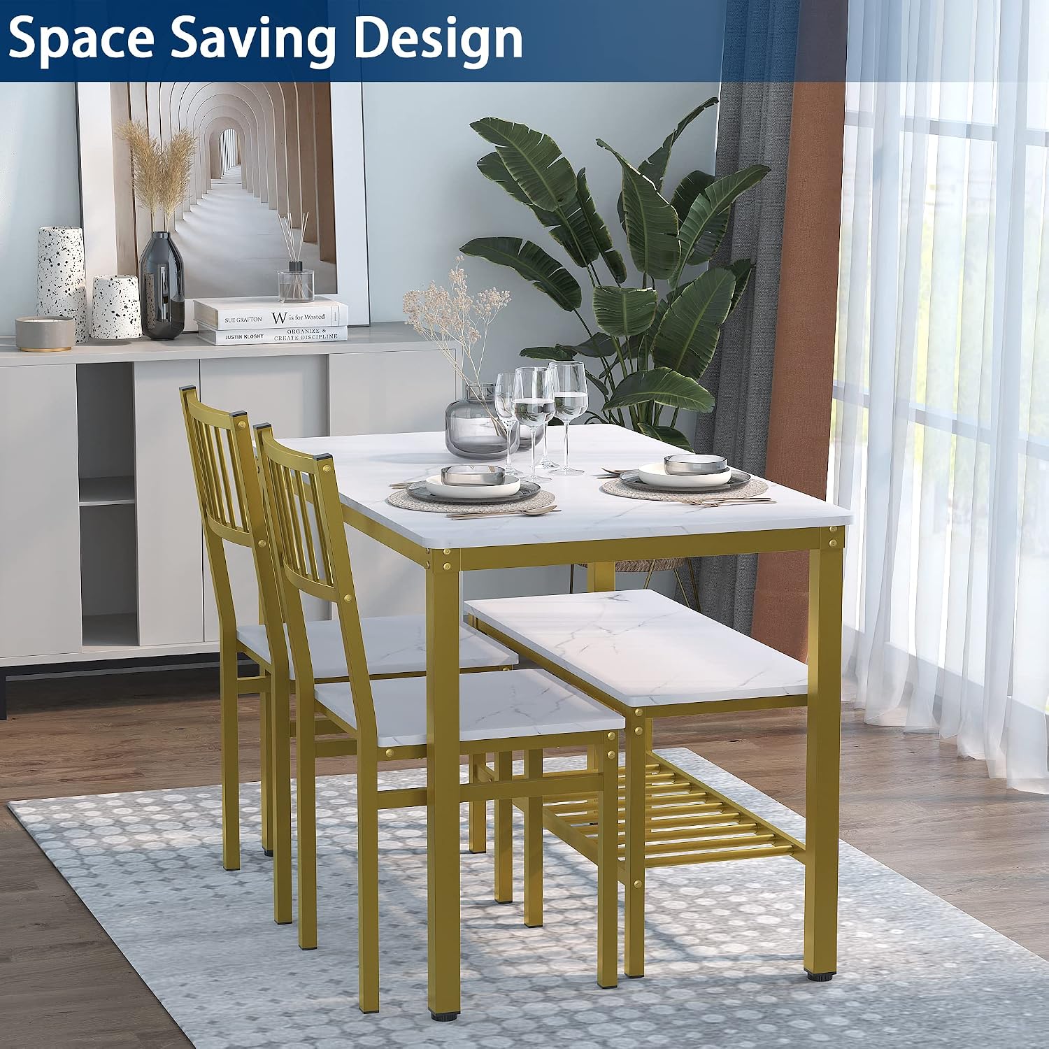 Teraves Dining Table Set for 4, Kitchen Table and 2 Chairs with Bench | 4 Piece Dining Table Set for Small Space, Apartment, Space-saving Dining Room Set with Storage