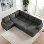 HONBAY Sectional Sleeper Sofa with Pull-Out Bed Storage Chaise, 6 Seater Couch for Living Room, Middle Grey
