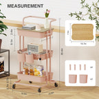 DTK 3 Tier Rolling Utility Cart with Cover Top Board, Movable Kitchen Storage Cart Trolley with Lockable Wheels, Cups, Hooks for Kitchen Bathroom Home Office Art Craft Storage and Organization(Pink)