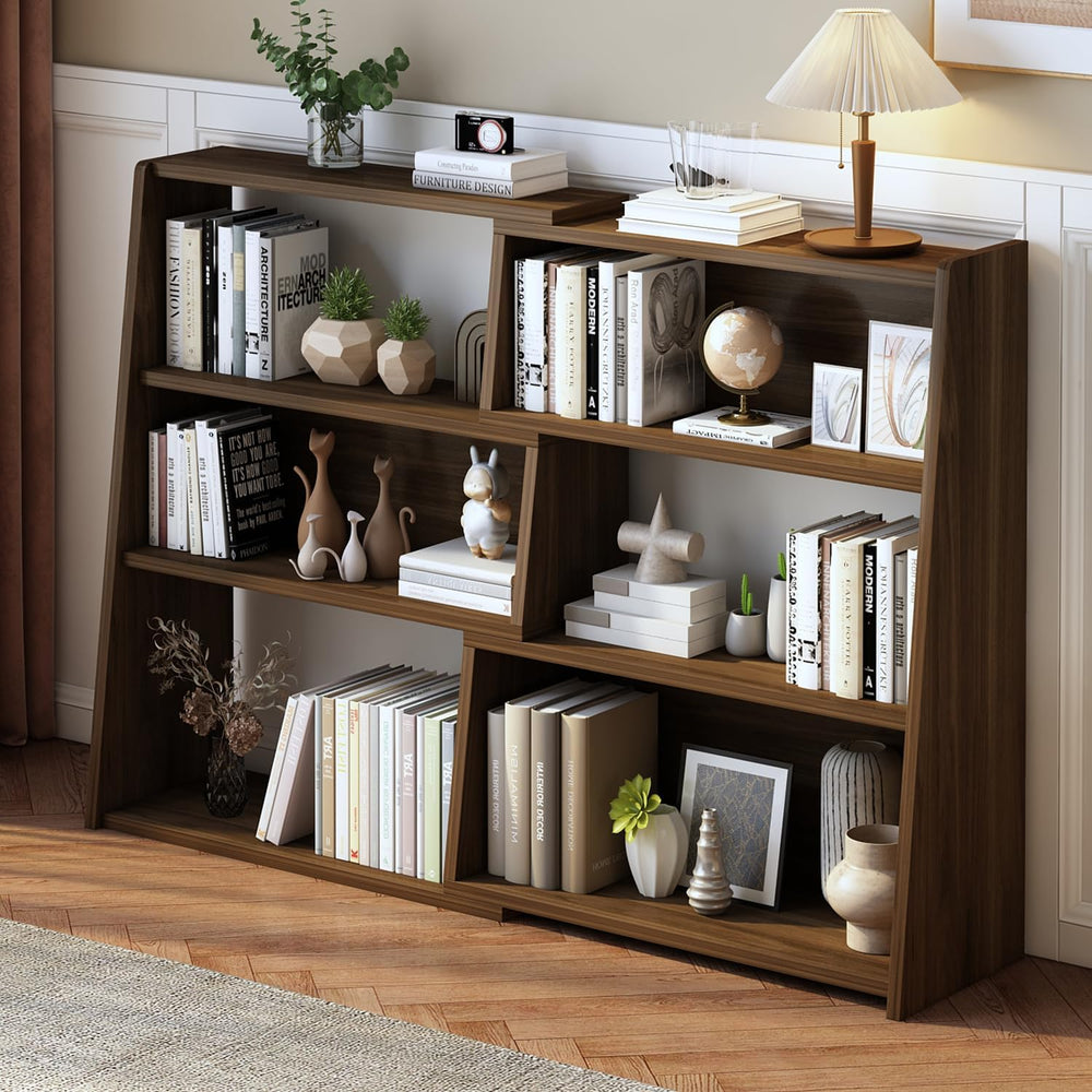 IOTXY Wooden Extendable Shelf Bookcase, 3-Tier Low Bookshelf, Walnut, L