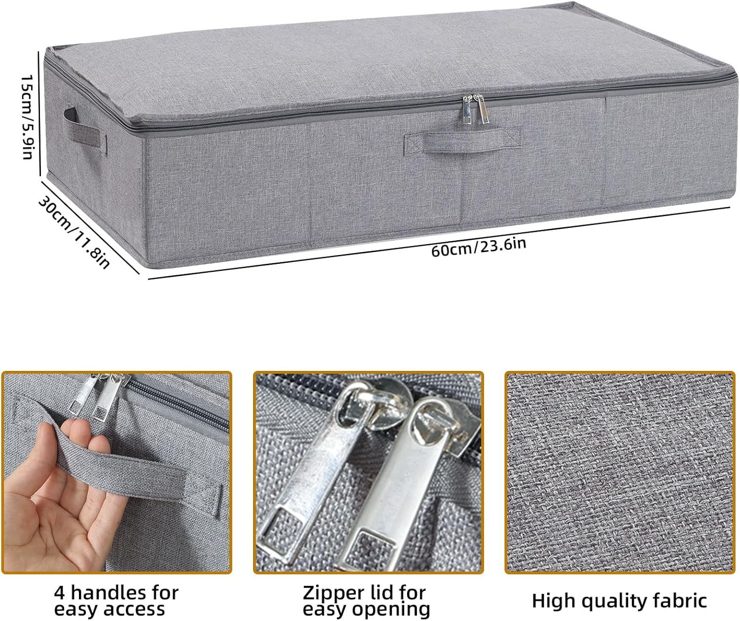 Under Bed Storage Containers, 23.6 x 11.8 x 5.9 Inch Collapsible Clothes Organizers With Handles, Storage Bins With Lids, Grey, 2 Pack