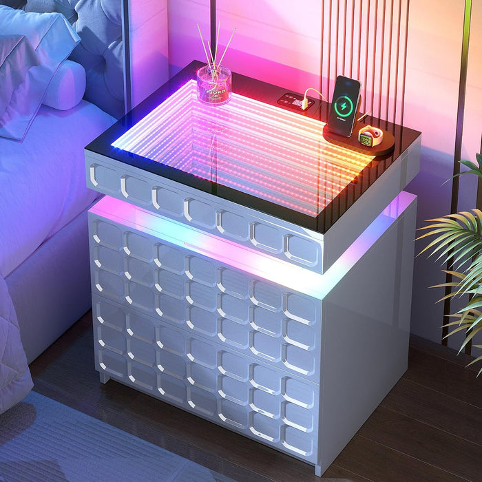 Vlsrka RGB Nightstand with Glass Top,Smart Night Stand with Charging, White | LED End Table with Lockable Compartment, Two Drawers, Human Body Sensor Light, Futuristic Side Table for Bedside Bedroom