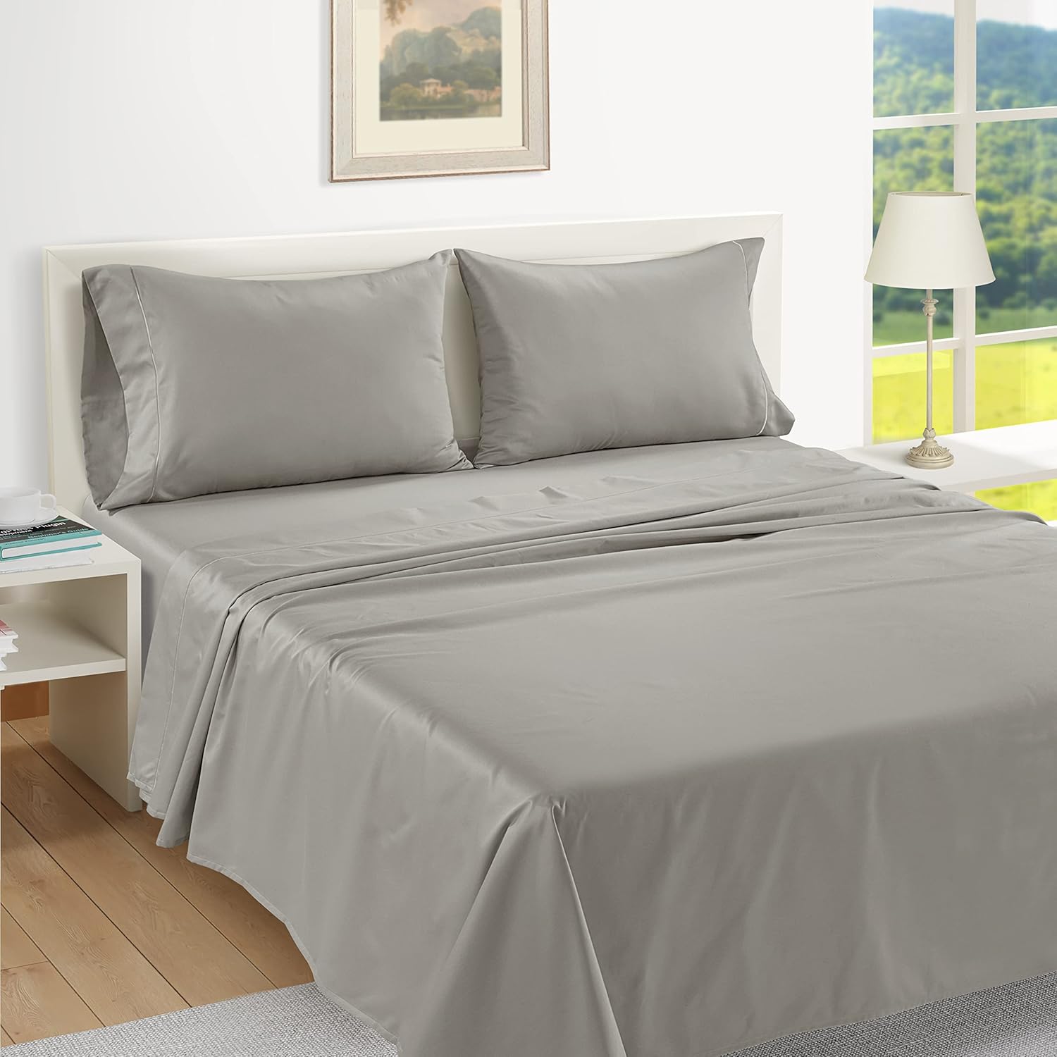 LANE LINEN Pillow Case Covers King Set of 2 100% Egyptian Cotton Sateen Soft Cool & Smooth 1000 Thread Count Cases - Silver