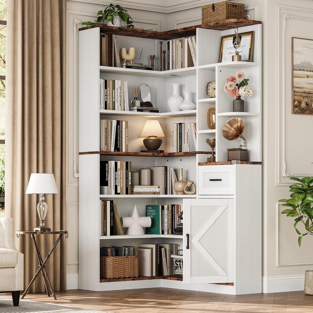 Garvee 74'' Tall Corner Bookshelf - 6-Tier Book Shelf with Drawer and...