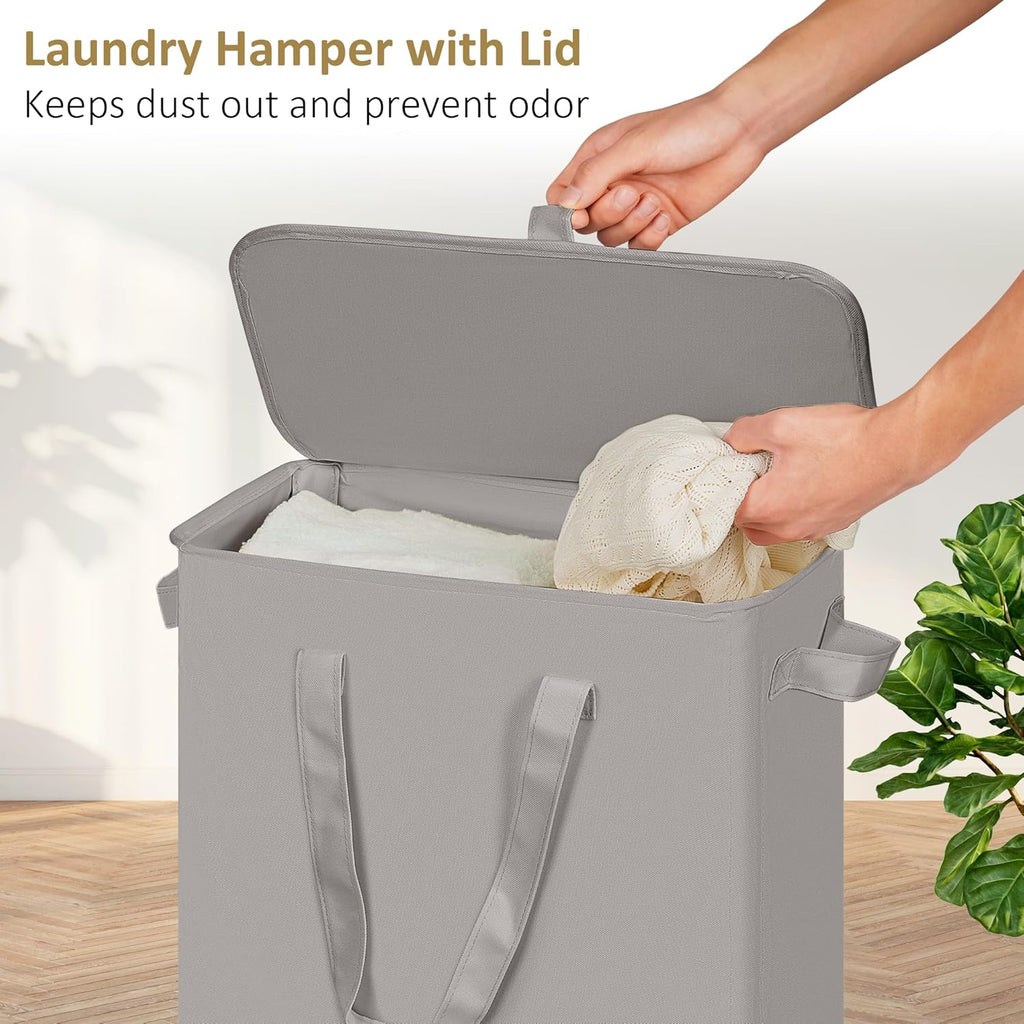 efluky Slim Laundry Basket with Lid, Narrow Laundry Hamper with Handles, Collapsible Dirty Clothes Hamper, Tall Laundry Bin for Laundry Room, Dorm and Bedroom, 55L Grey