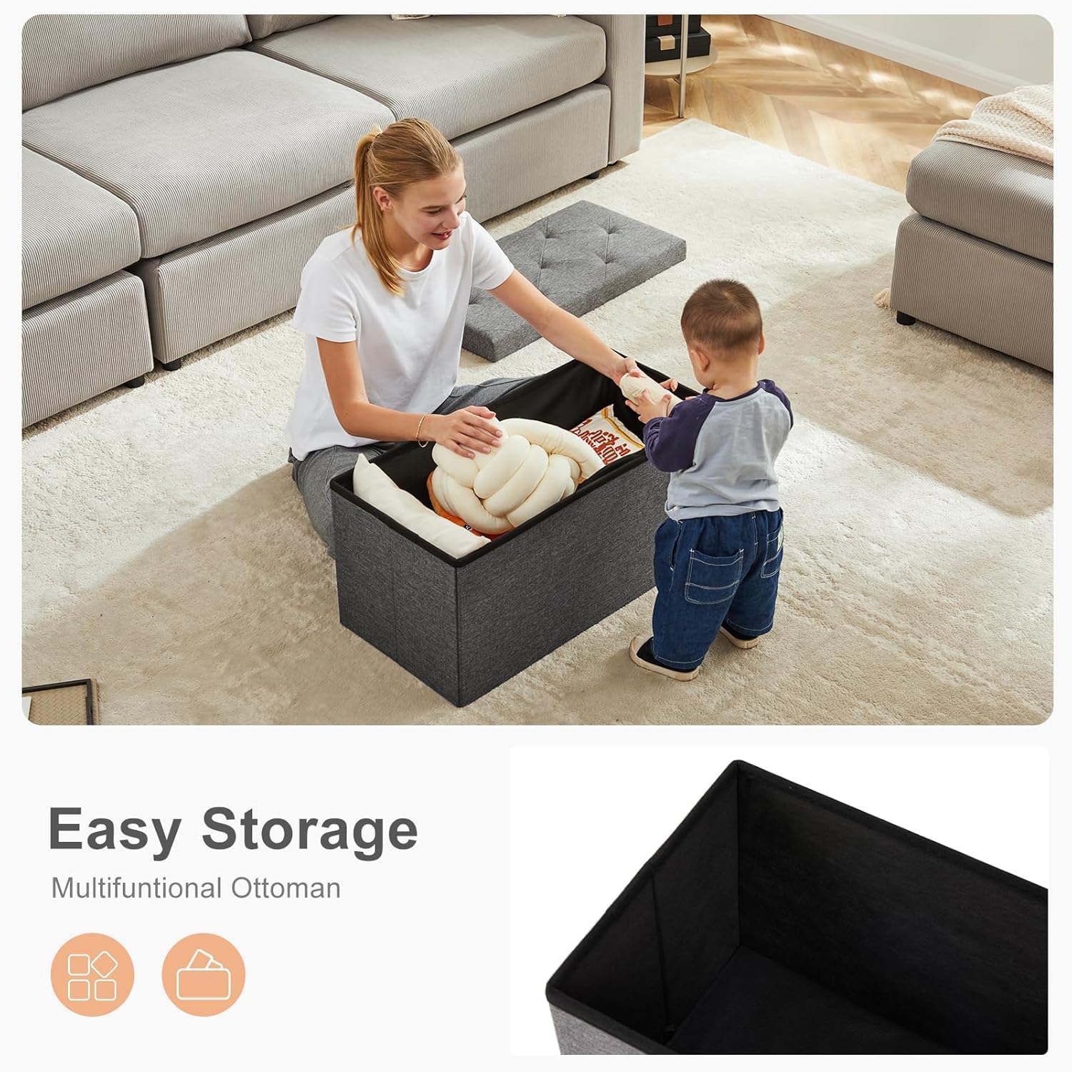 Sweetcrispy 30in Foldable Storage Ottoman Bench, End of Bed Foot Rest Stools Ottoman Storage Chest with Padded Seat for Bedroom, Living Room, Holds up to 660 lb, Modern Grey