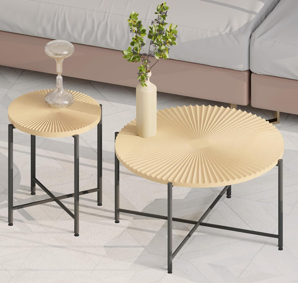 2-Piece Coffee and End Table Set, Round, Oak Natural | Distressed Cylindrical...
