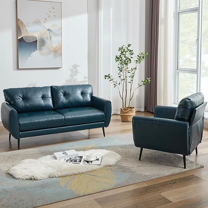 TYBOATLE Sofa Couch 61" Small Loveseat Couches for Living Room Leather Couch Mid Century Modern Tufted Mini Sofa Comfy Office 2 Seat Settee Love Seat Small Couches for Spaces Bedroom (2, Blue)